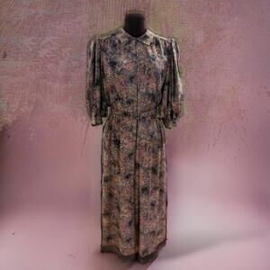 Vintage 70s Silk Albert Nipone Boho Paisly Print Dress Size Medium